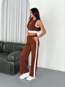 Osy Modal Yumuşak Dokulu Kumaş Tam Fermuarlı Crop Pantalon İkili Takım - Kahverengi resmi